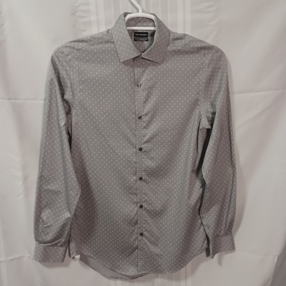 Van Heusen Button Down Mens S Grey Ultra Wrinkle Free Slim Fit Stretch‎ Shirt